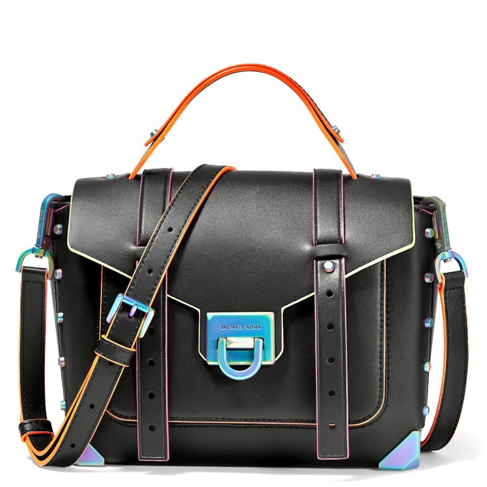 Michael Kors Manhattan Black Leather Satchel with Neon/Iridescent Trim